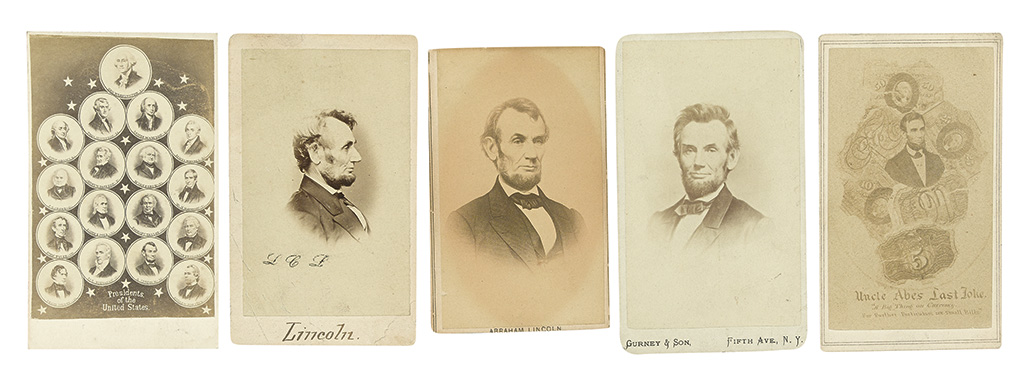 (LINCOLN, ABRAHAM.) Group of Lincoln cartes-de-visite, including one with a Brady backstamp.